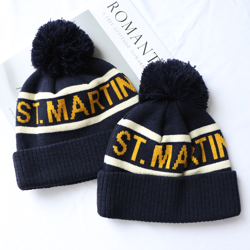 Classic Letter Jacquard Pom Pom Knit Beanie Hat Winter Cuffed Cap