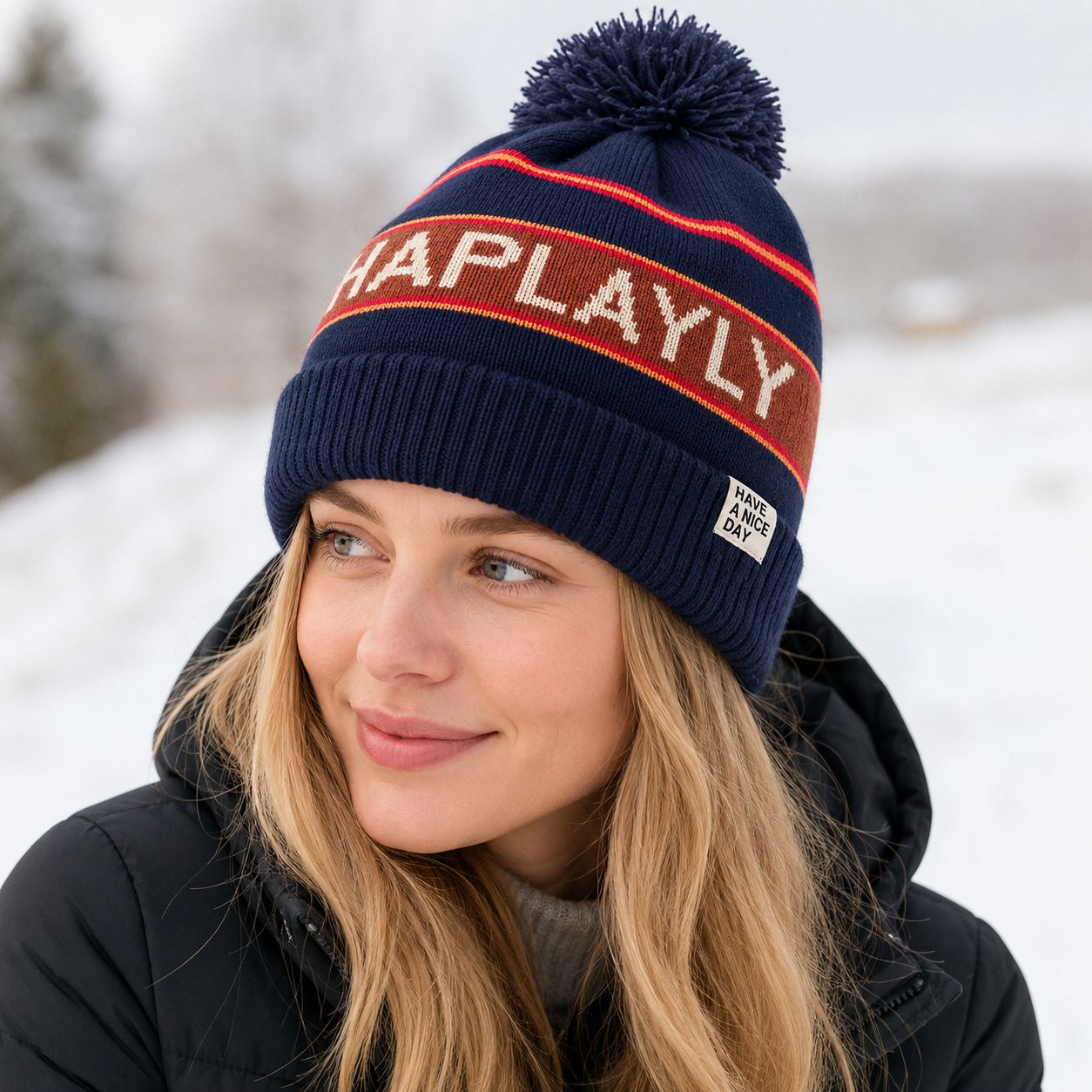 Striped Pom Pom Cuffed Jacquard Knit Beanie Hat