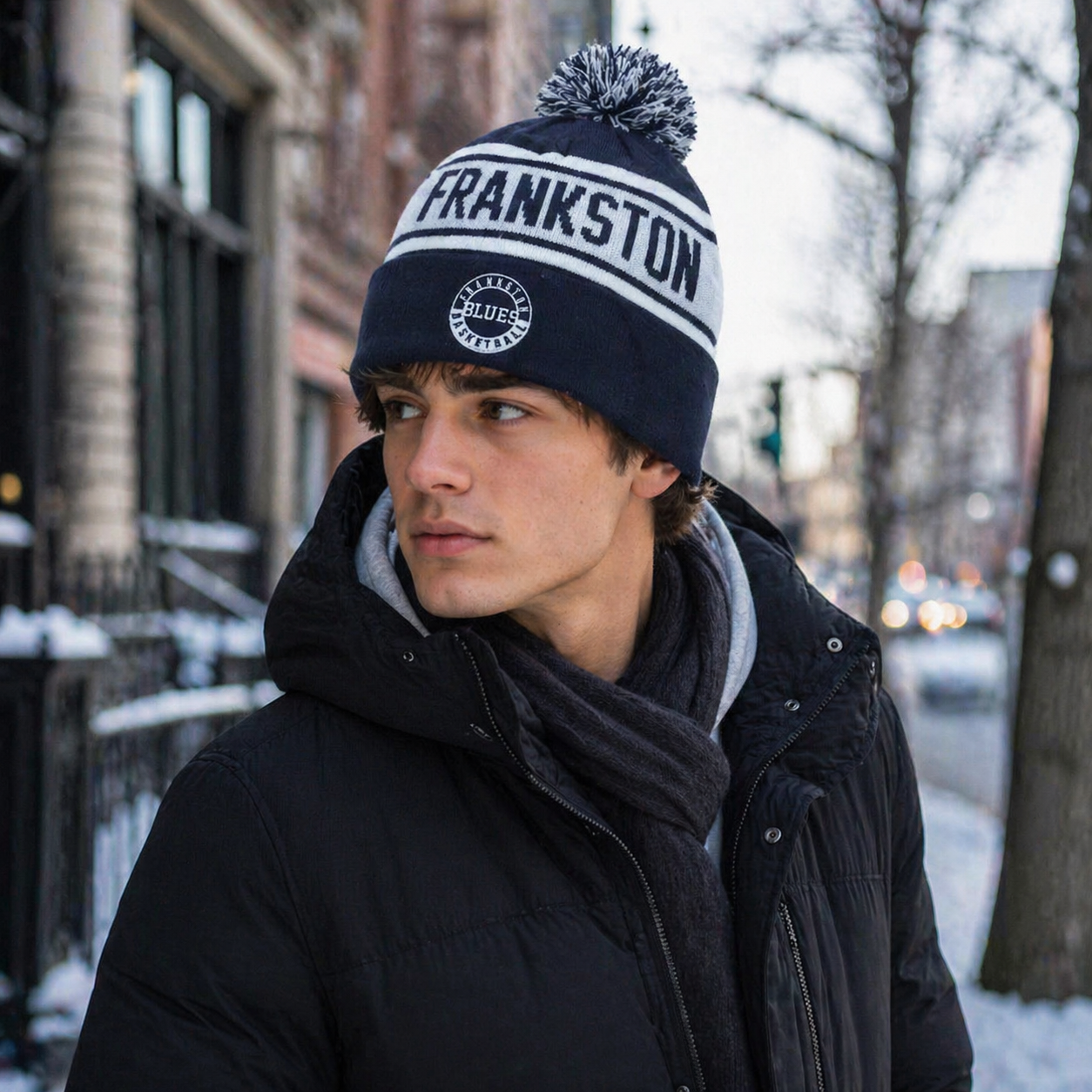 Navy and White Pom Pom Beanie with Frankston Basketball Jacquard Logo