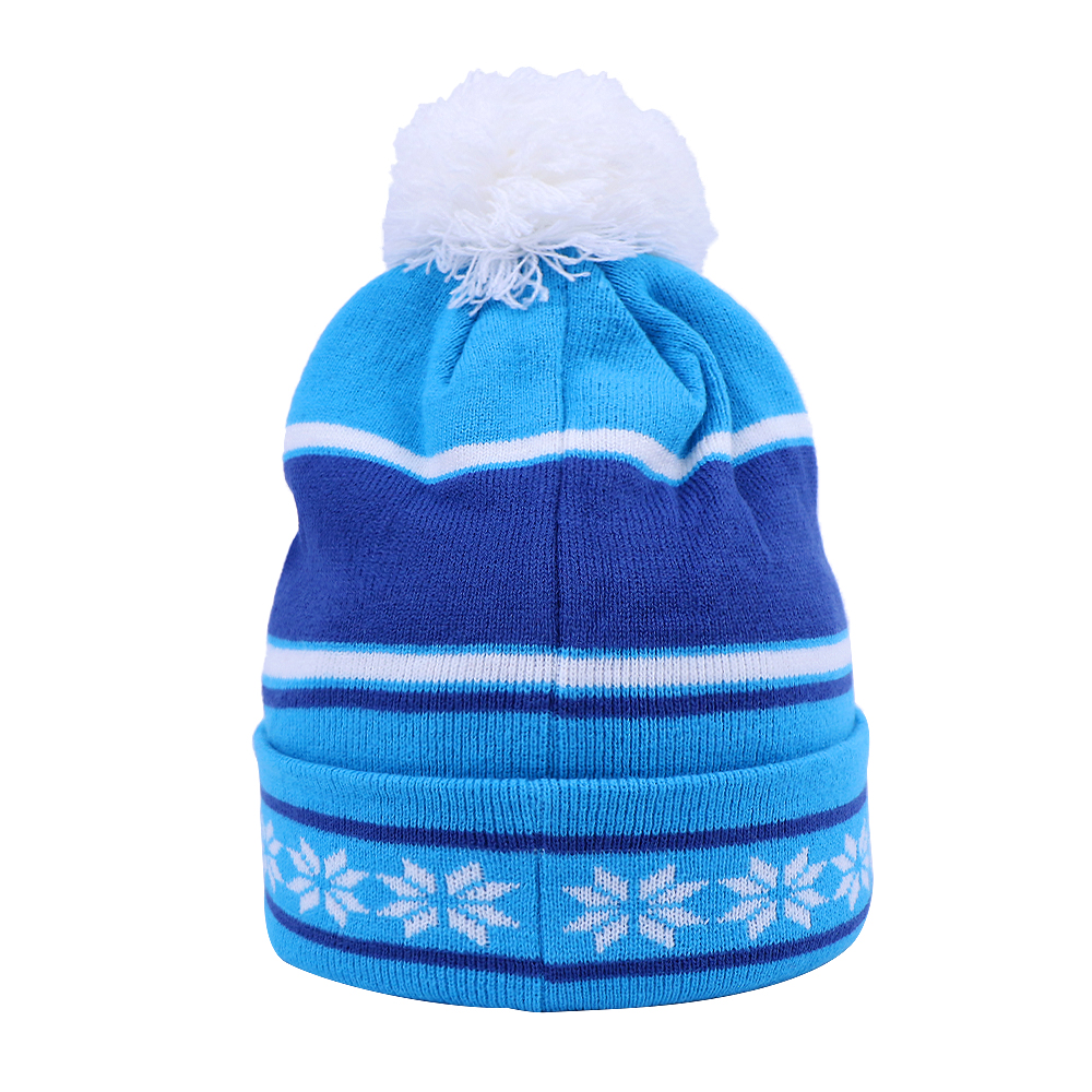 Blue Snowflake Jacquard Pom Pom Cuffed Knit Beanie