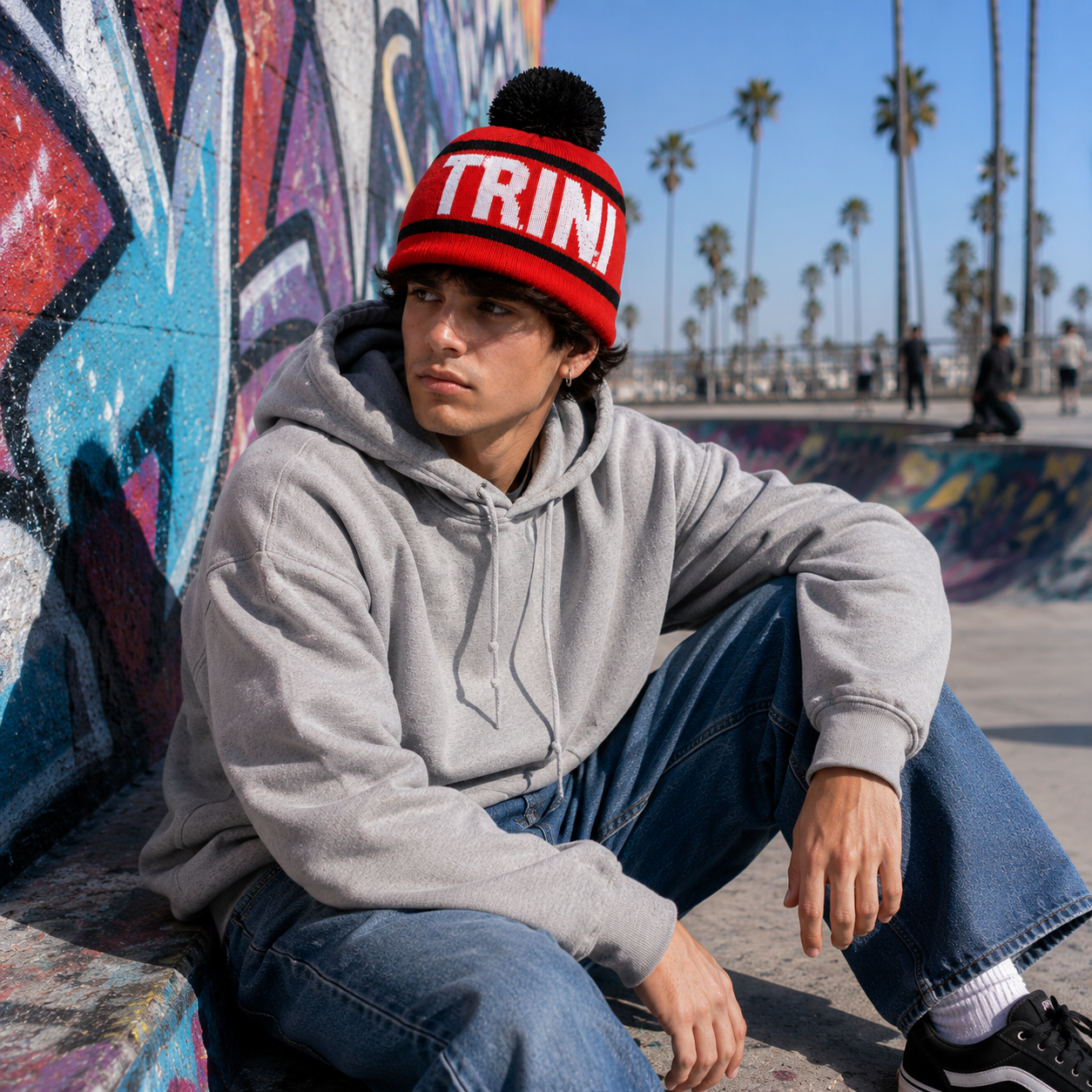 Red TRINI Jacquard Pom Pom Knitted Beanie Hat