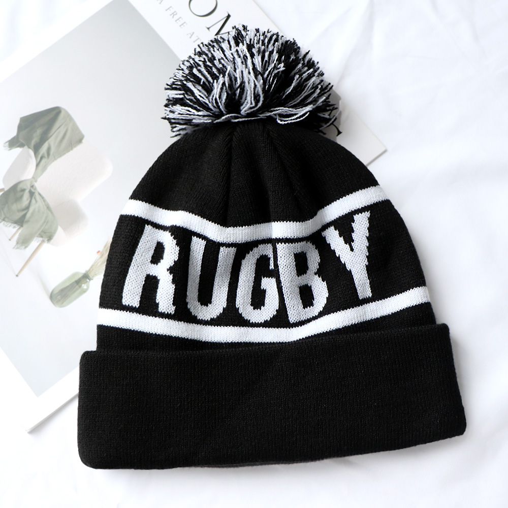 Black Rugby KRATOS Jacquard Pom Pom Beanie with Embroidered Logo