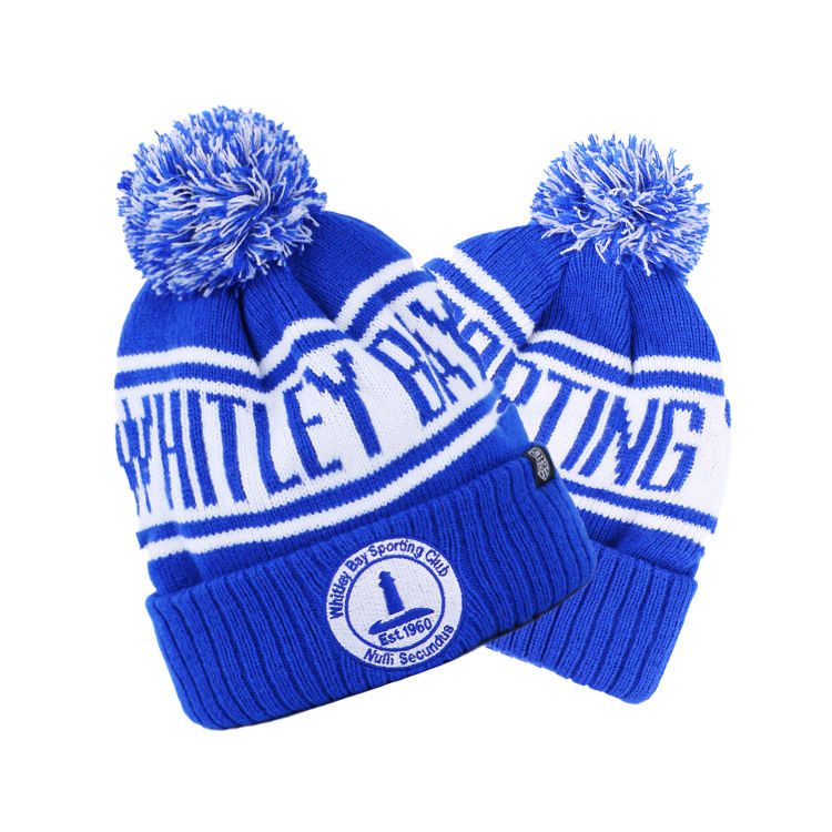 White Bay Sporting Club Blue Cuffed Pom Pom Jacquard Knit Beanie Hat