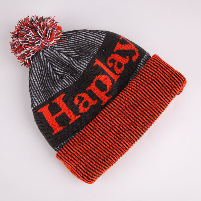 Letter Jacquard Cuffed Pom Pom Knit Beanie Hat
