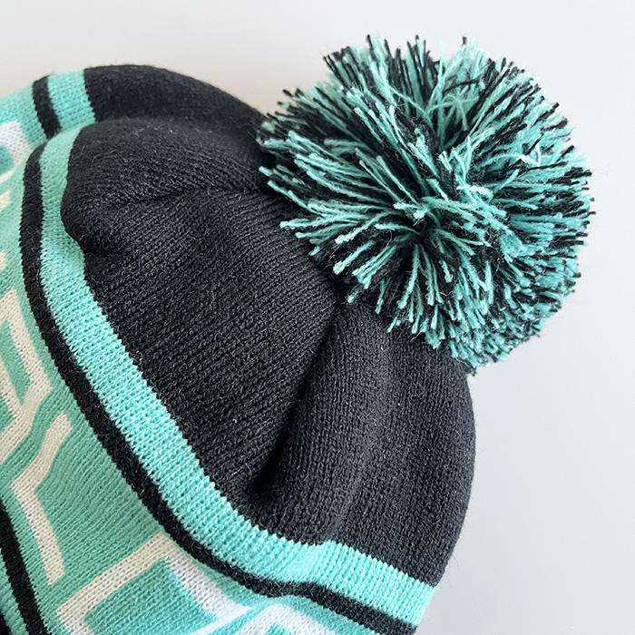 Black & Mint Jacquard Pom Pom Beanie with Letter Patch