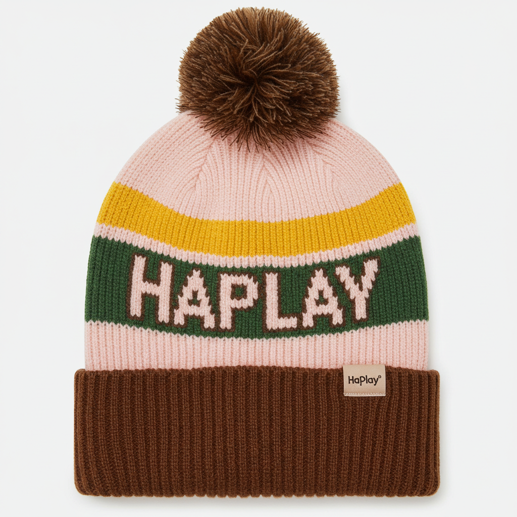 Color Block Pom Pom Jacquard Knit Winter Beanie with Folded Cuff