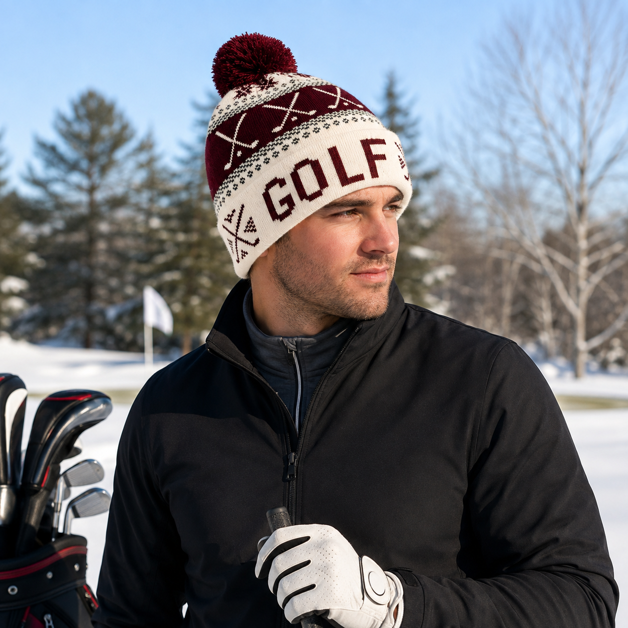 Burgundy Cream Golf Club Jacquard Pom Pom Cuffed Beanie