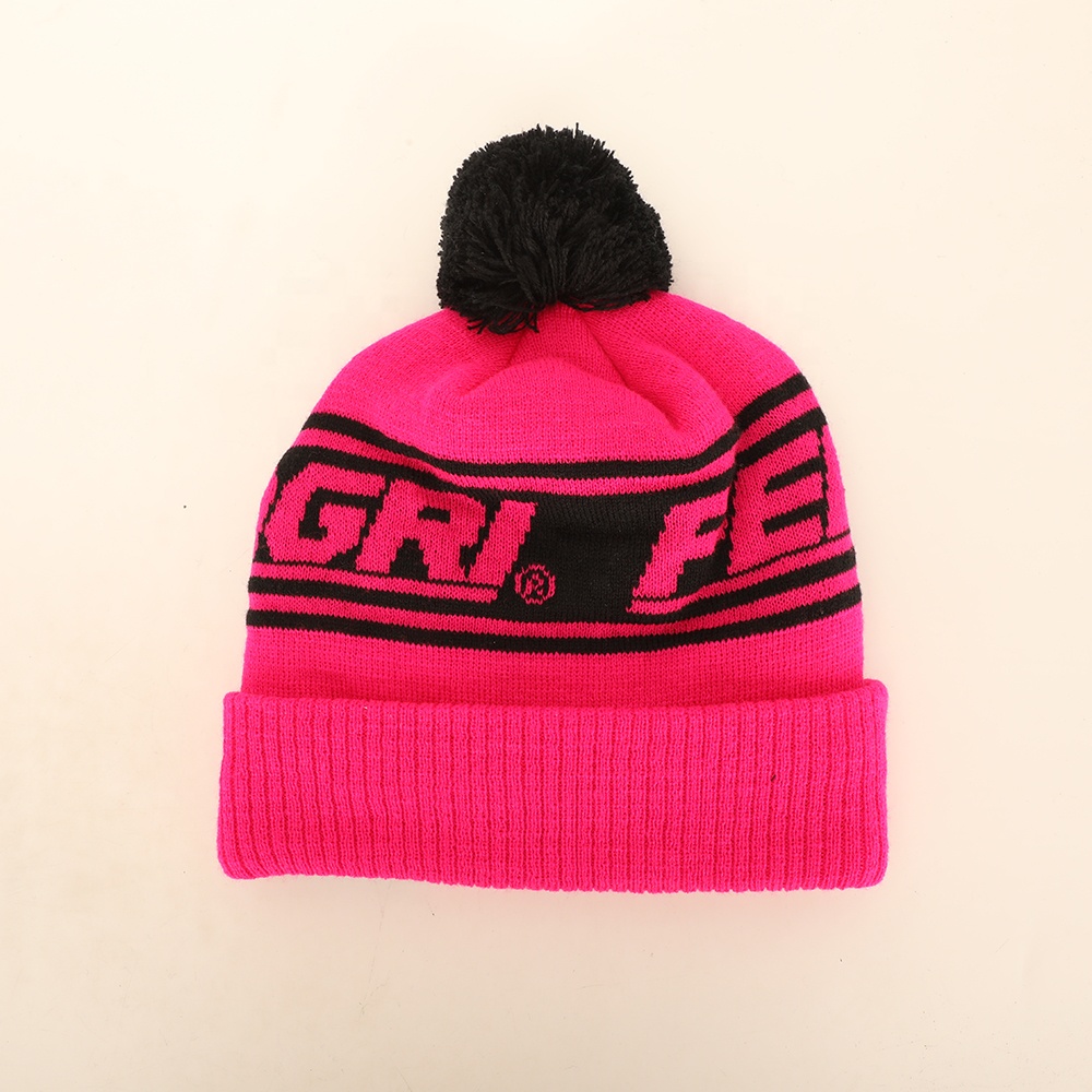 Winter Pom Pom Knitted Beanie Hat with Bold Letter Jacquard Cuffed Design