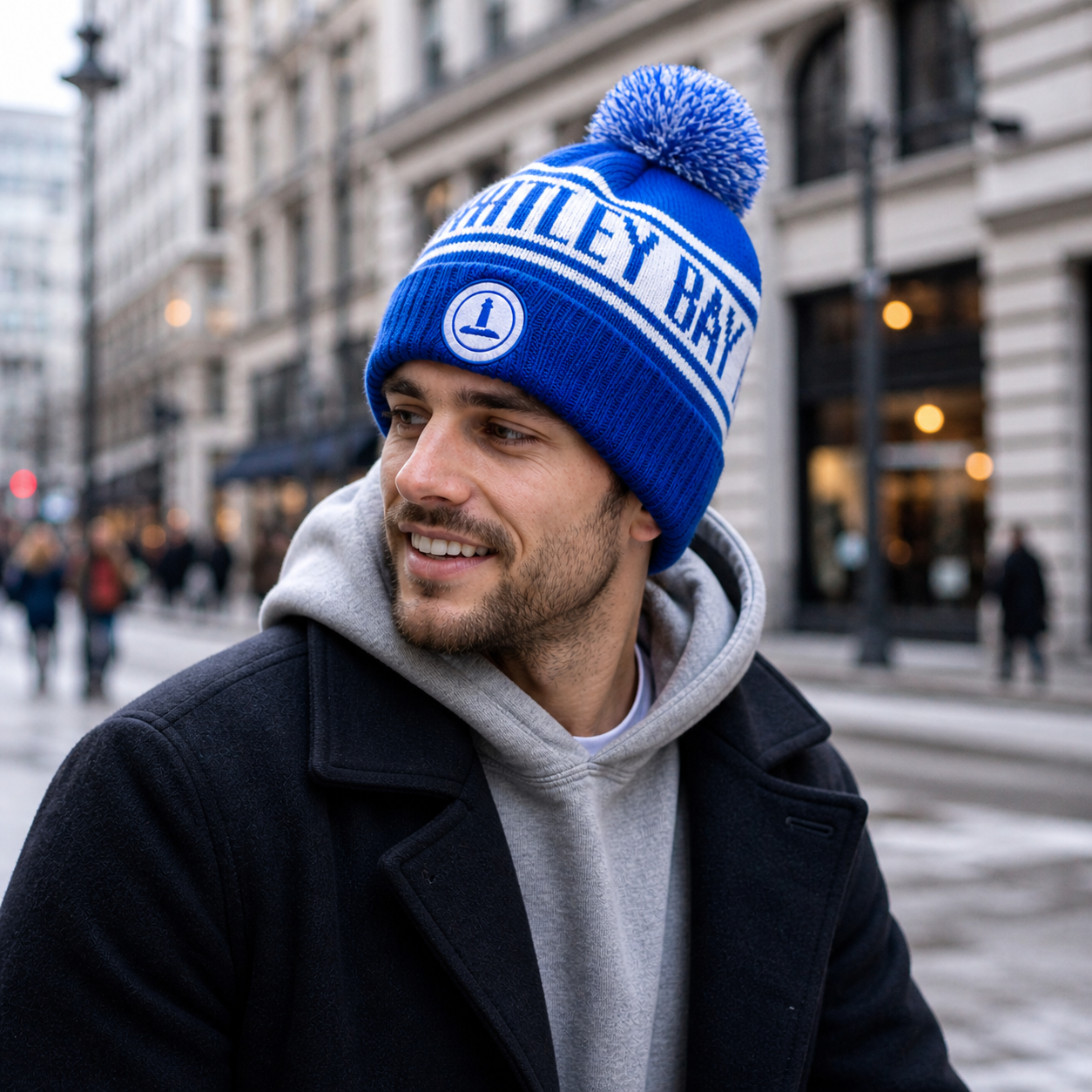 White Bay Sporting Club Blue Cuffed Pom Pom Jacquard Knit Beanie Hat