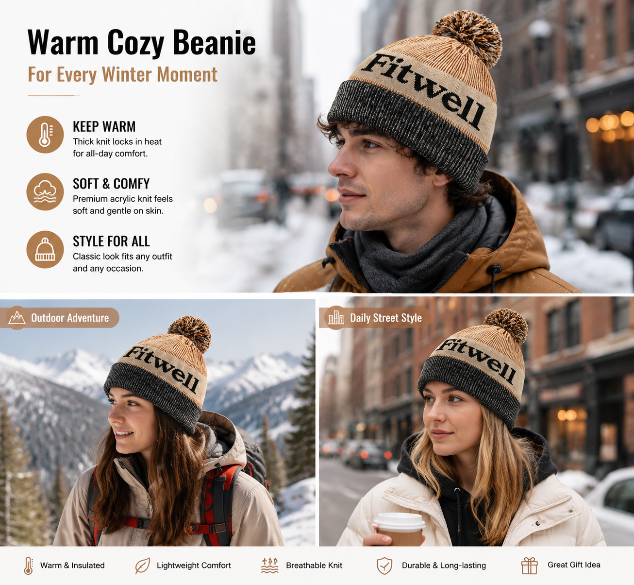 Letter Jacquard Cuffed Pom Pom Knit Beanie Hat
