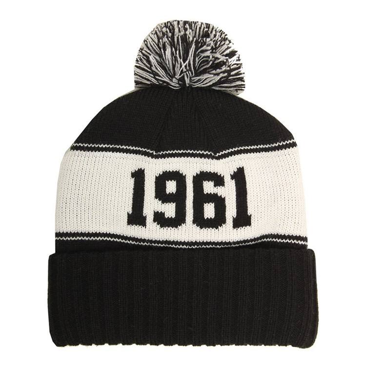 Two-Tone Pom Pom Cuffed Jacquard Knit Beanie Hat