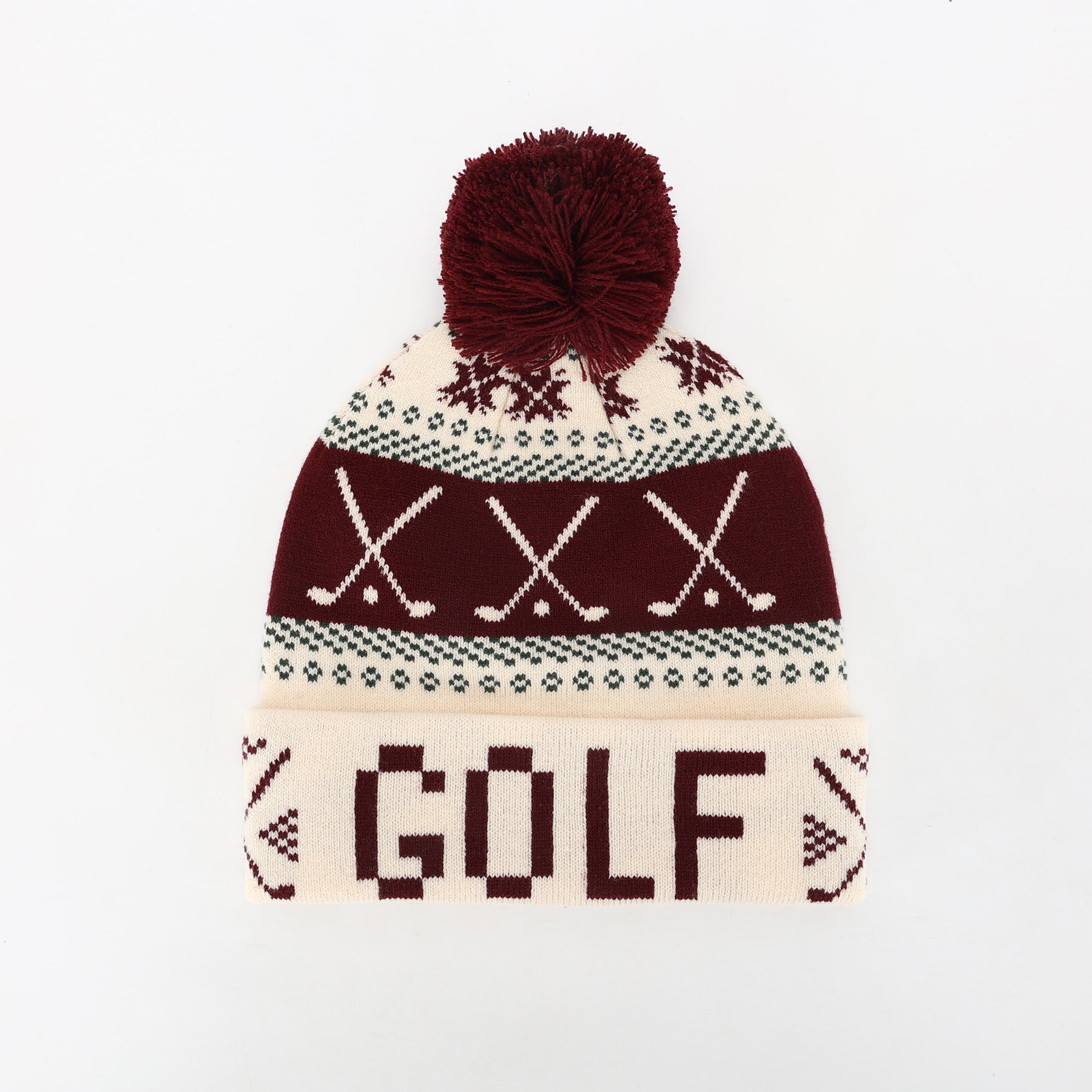 Burgundy Cream Golf Club Jacquard Pom Pom Cuffed Beanie