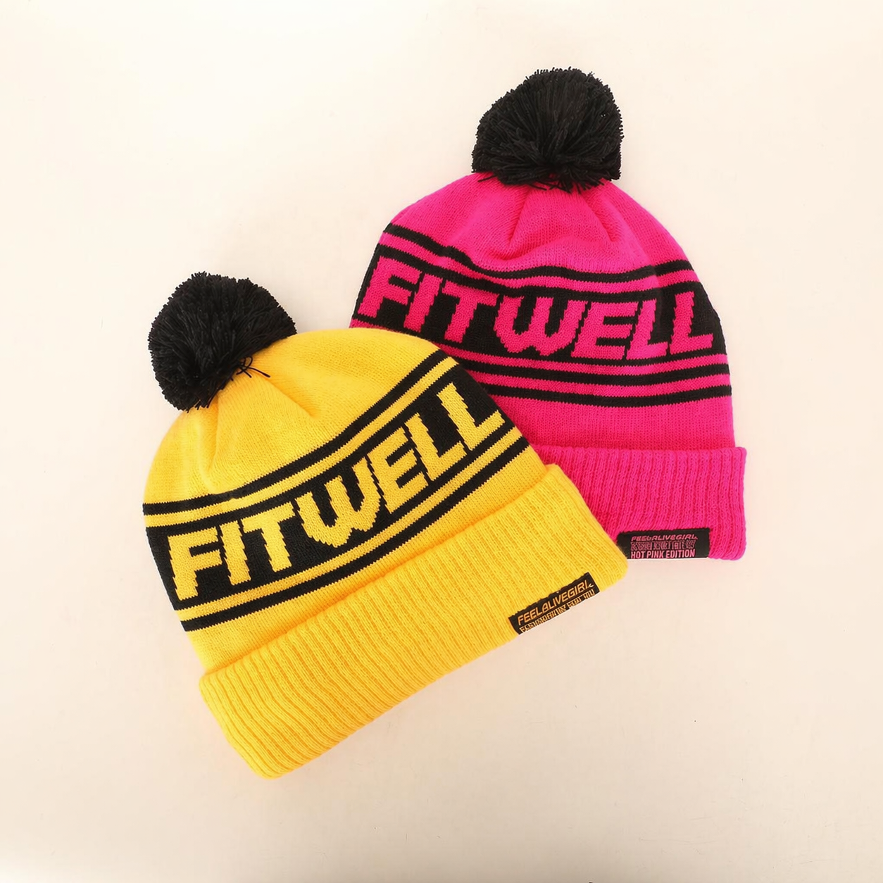 Winter Pom Pom Knitted Beanie Hat with Bold Letter Jacquard Cuffed Design