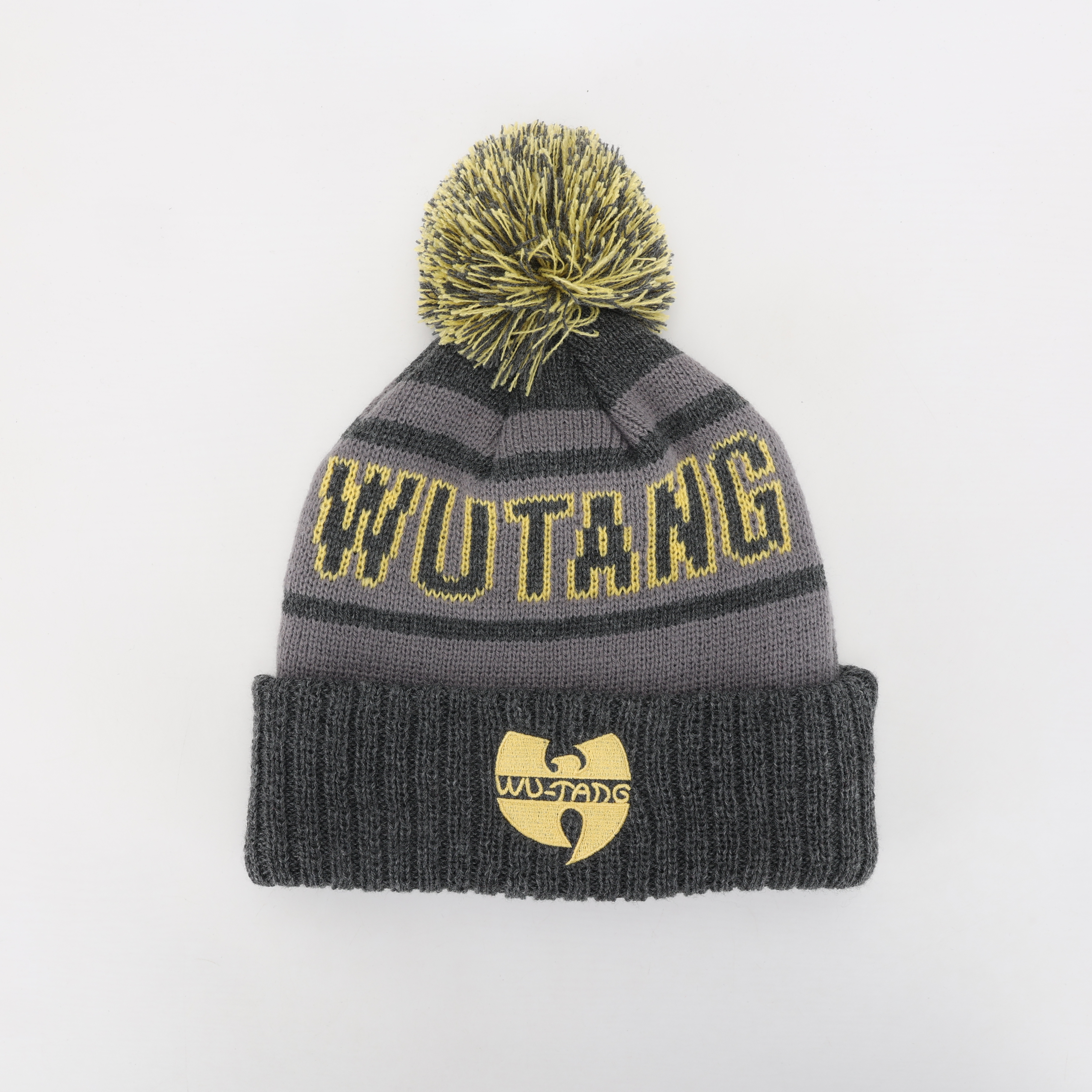 Gray Yellow Jacquard Pom Pom Cuffed Knit Beanie Hat