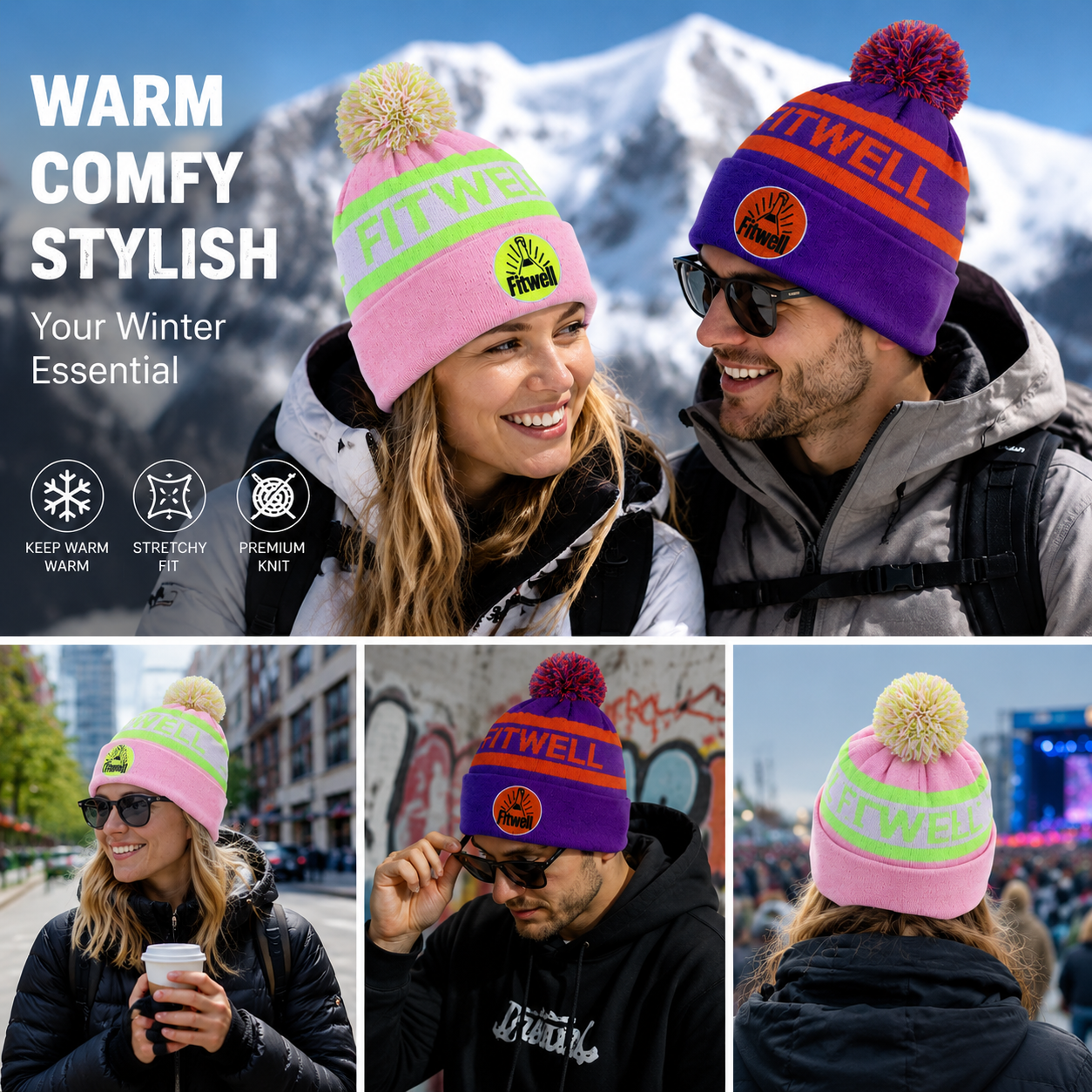 Colorful Jacquard Pom Pom Knit Beanie Hat Set – Winter Warm Street Style Caps
