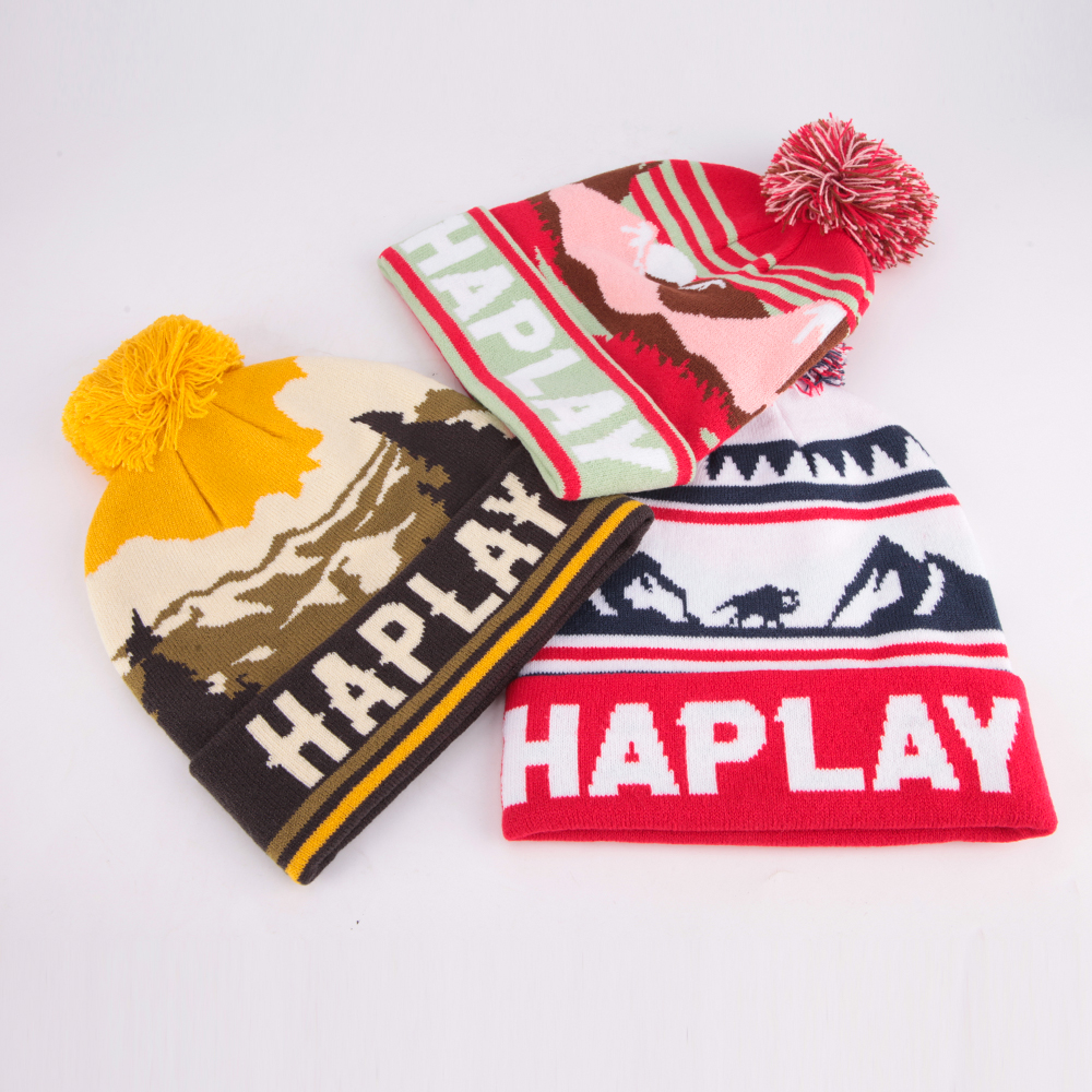 Scenic Landscape Jacquard Pom Pom Cuffed Beanie