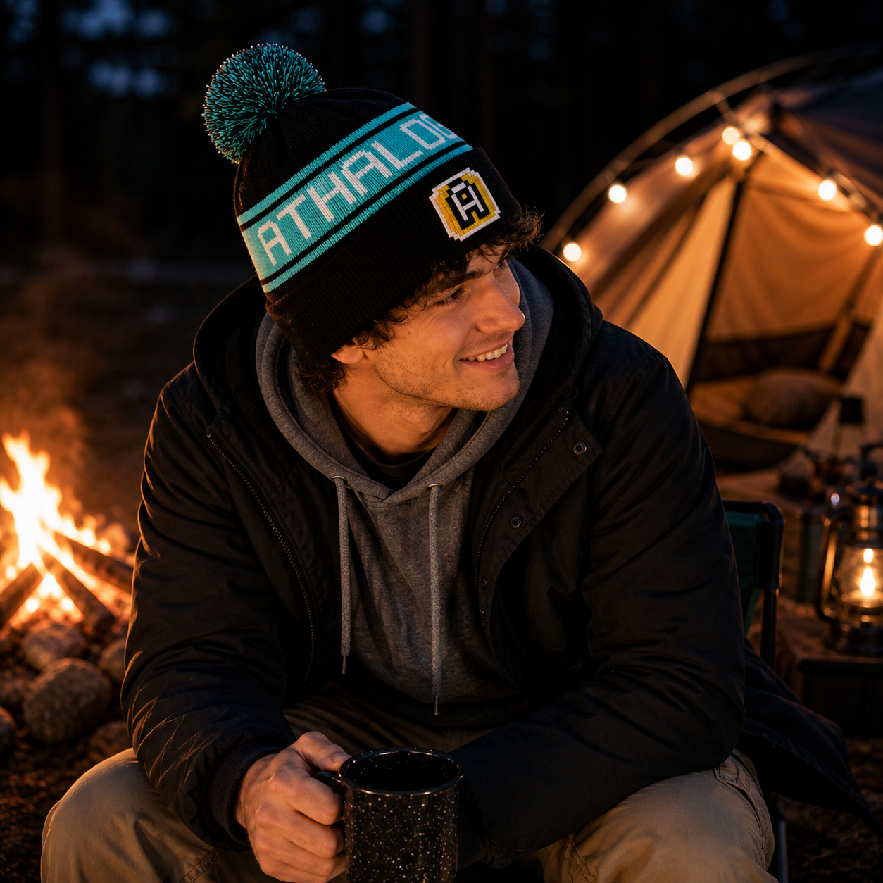 Black & Mint Jacquard Pom Pom Beanie with Letter Patch