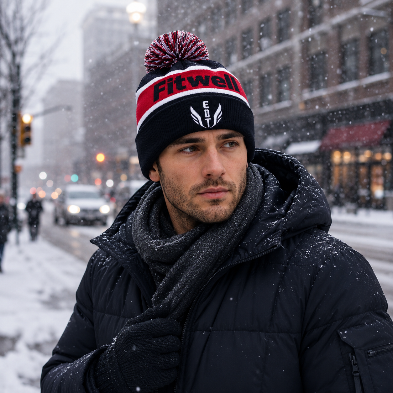 Elevated Jacquard Pom Pom Winter Beanie Hat with Cuffed Design