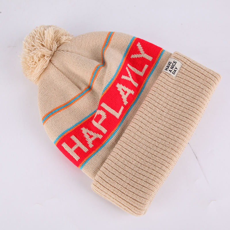 Striped Pom Pom Cuffed Jacquard Knit Beanie Hat