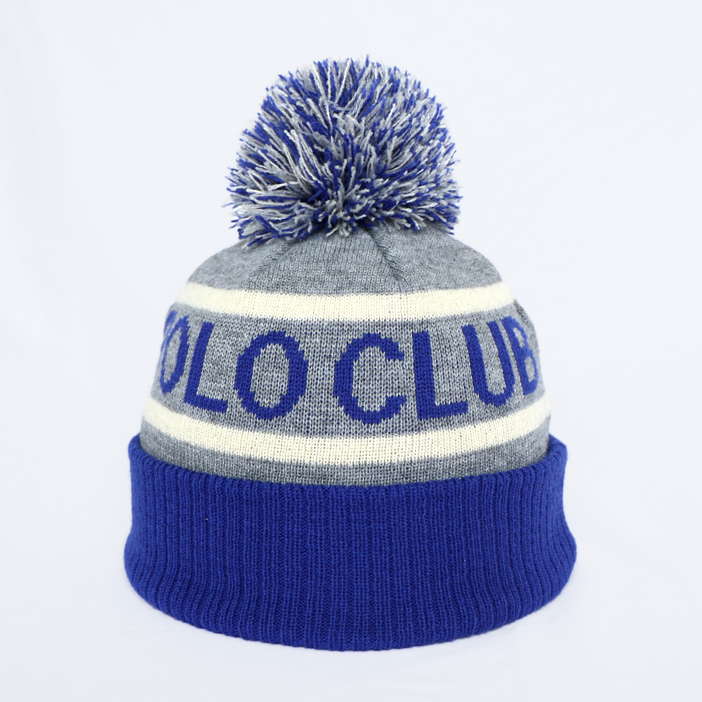 Blue Grey Striped Pom Pom Knitted Beanie Hat with Letter Jacquard Cuff
