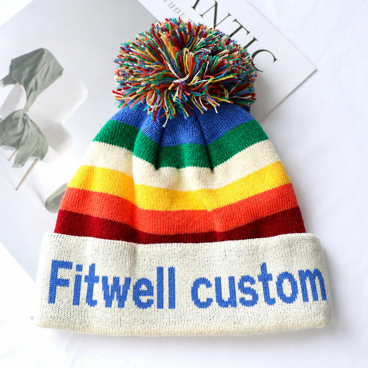 POLO CLUB Rainbow Stripe Pom-Pom Cuffed Knit Beanie