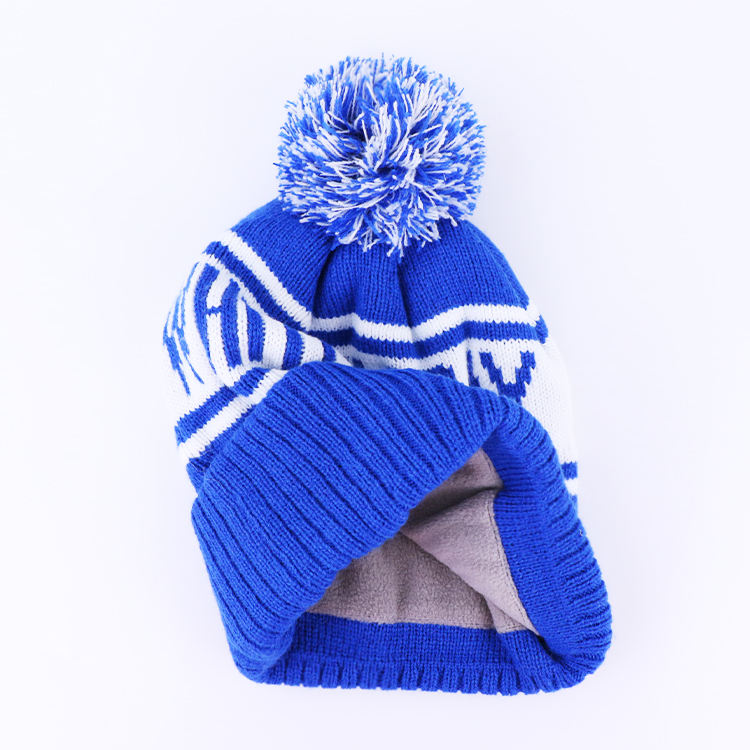 White Bay Sporting Club Blue Cuffed Pom Pom Jacquard Knit Beanie Hat
