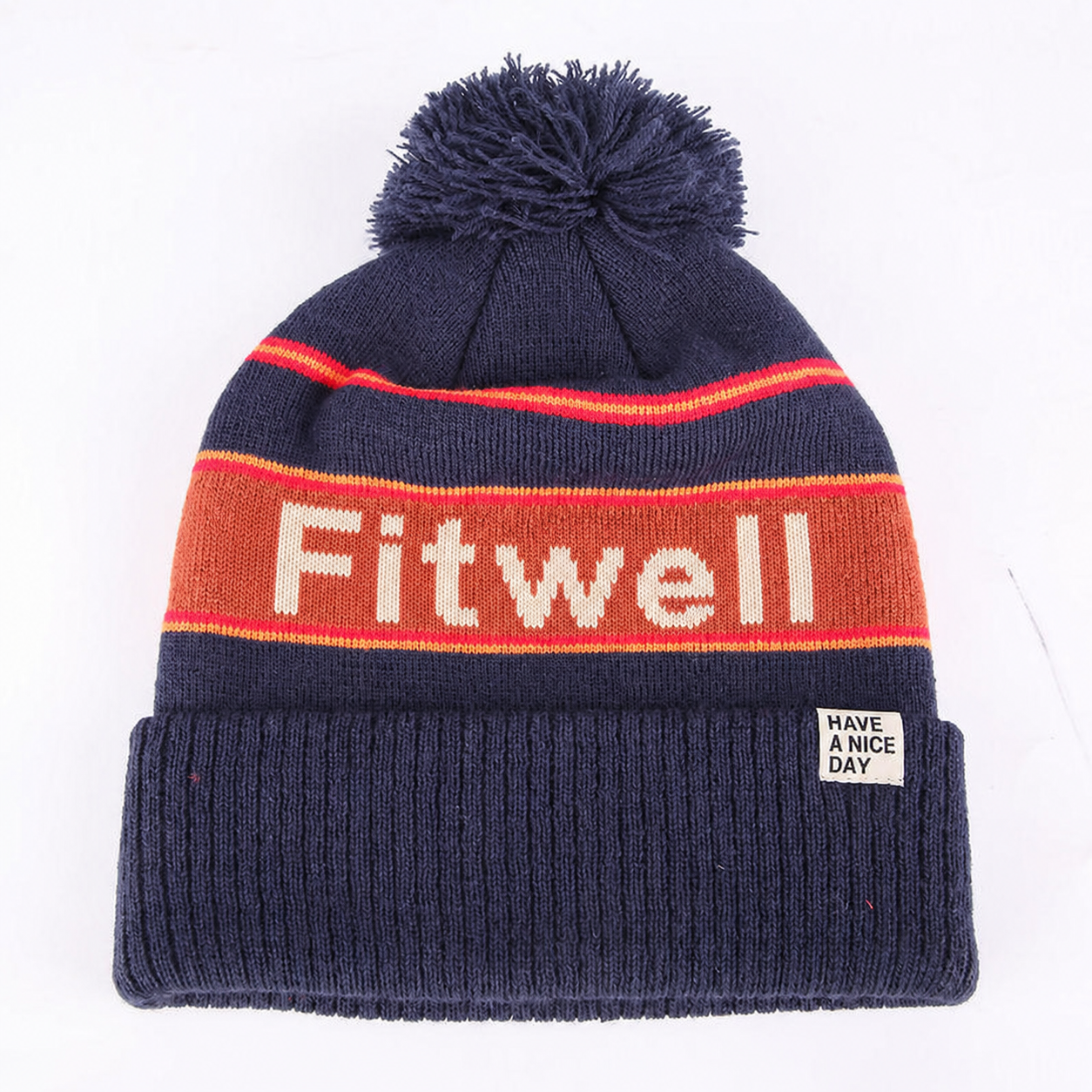 Striped Pom Pom Cuffed Jacquard Knit Beanie Hat