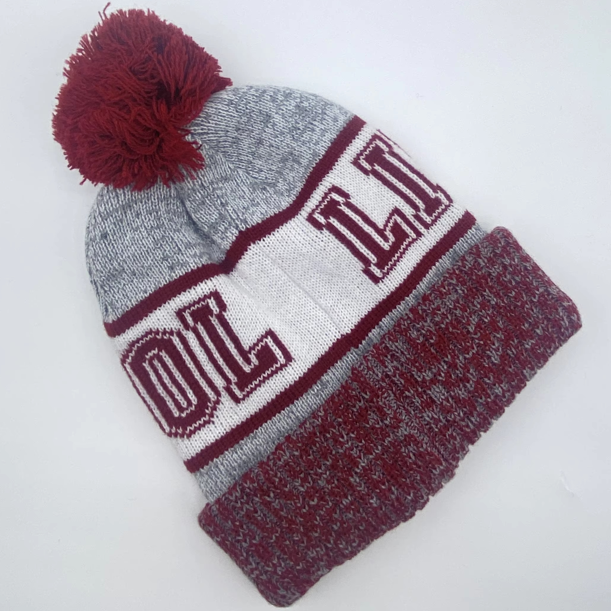 Burgundy Grey Pom Pom Cuffed Jacquard Knit Beanie Hat