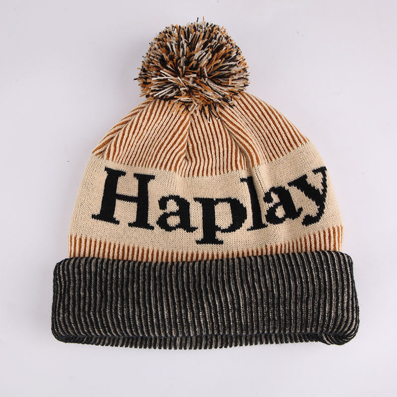 Letter Jacquard Cuffed Pom Pom Knit Beanie Hat