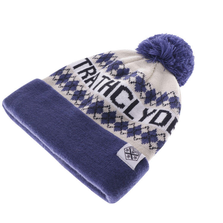 Navy Blue Cream Nordic Jacquard Pom Pom Cuffed Knit Beanie