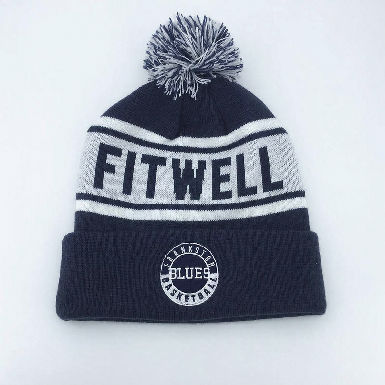 Navy and White Pom Pom Beanie with Frankston Basketball Jacquard Logo