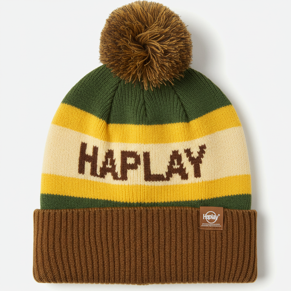 Color Block Pom Pom Jacquard Knit Winter Beanie with Folded Cuff