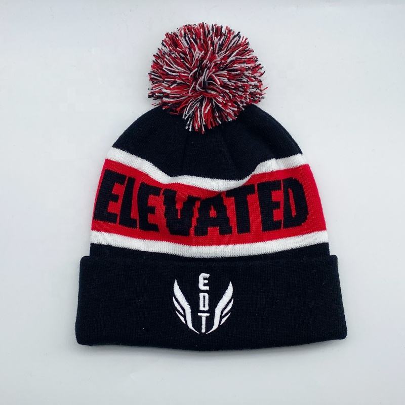 Elevated Jacquard Pom Pom Winter Beanie Hat with Cuffed Design