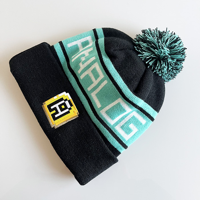 Black & Mint Jacquard Pom Pom Beanie with Letter Patch
