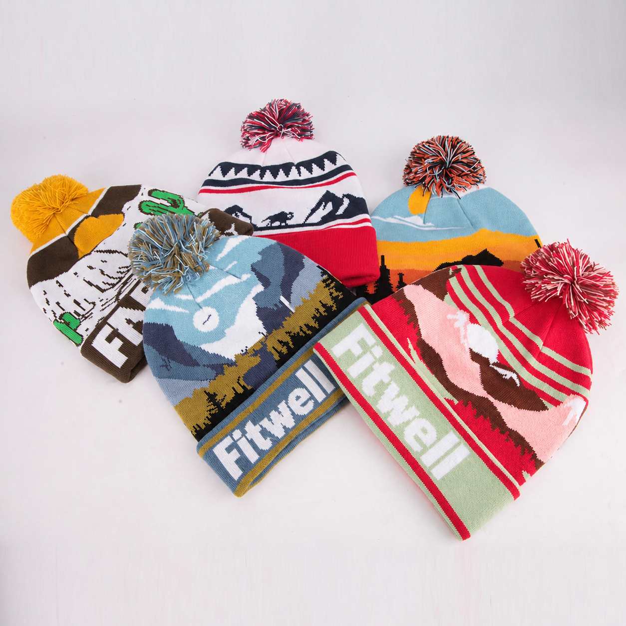 Scenic Landscape Jacquard Pom Pom Cuffed Beanie