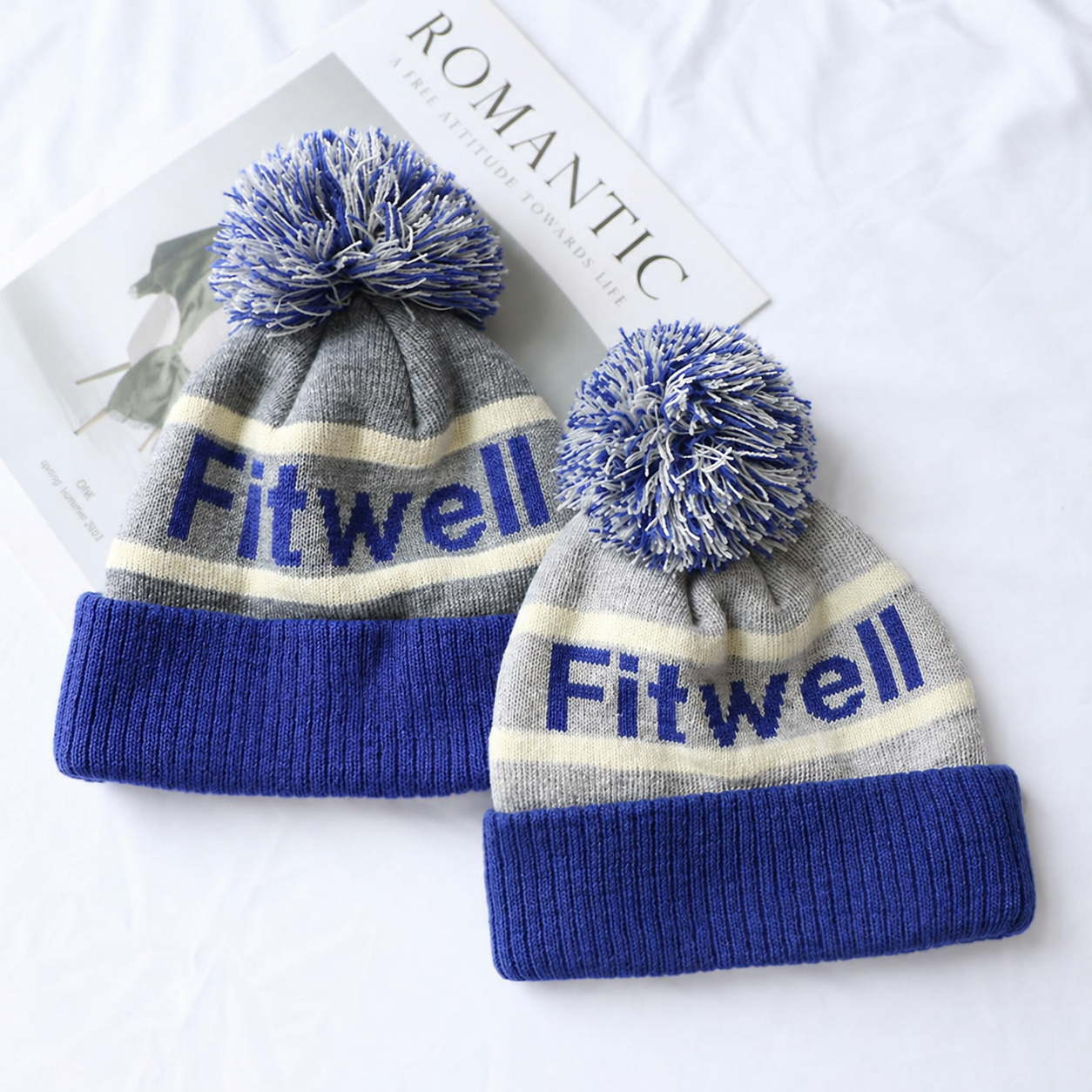 Blue Grey Striped Pom Pom Knitted Beanie Hat with Letter Jacquard Cuff