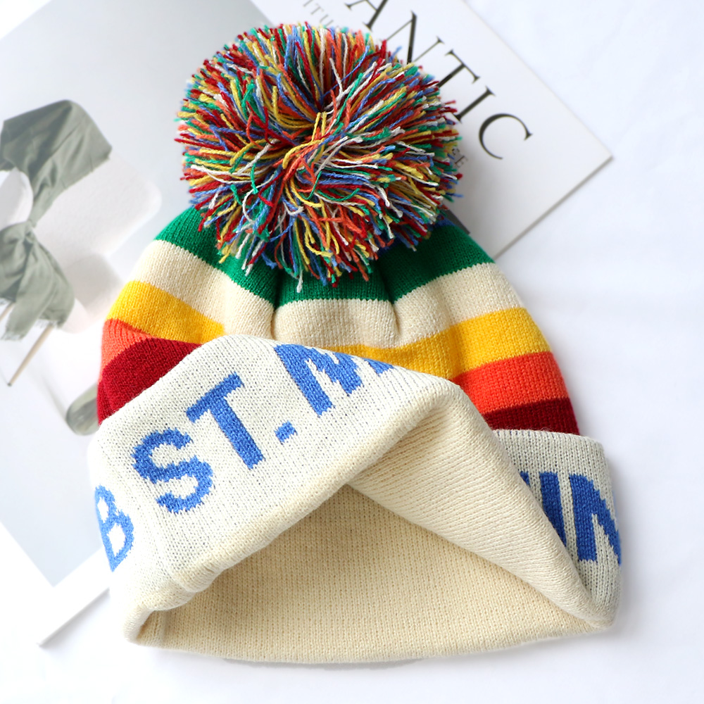 POLO CLUB Rainbow Stripe Pom-Pom Cuffed Knit Beanie