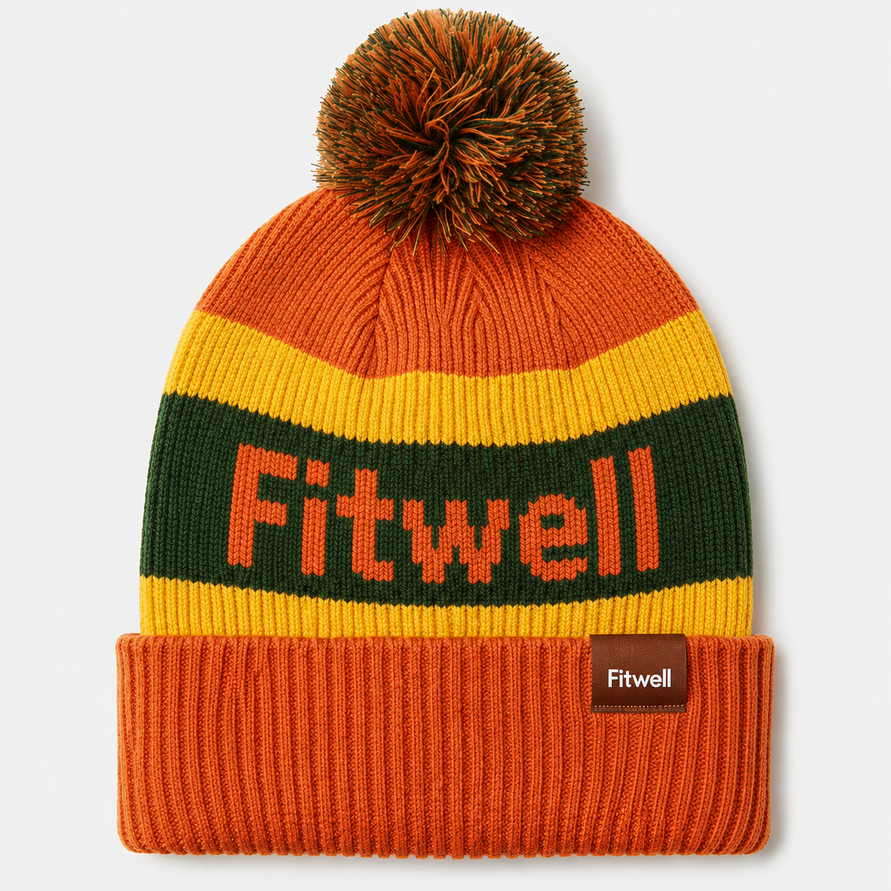 Color Block Pom Pom Jacquard Knit Winter Beanie with Folded Cuff