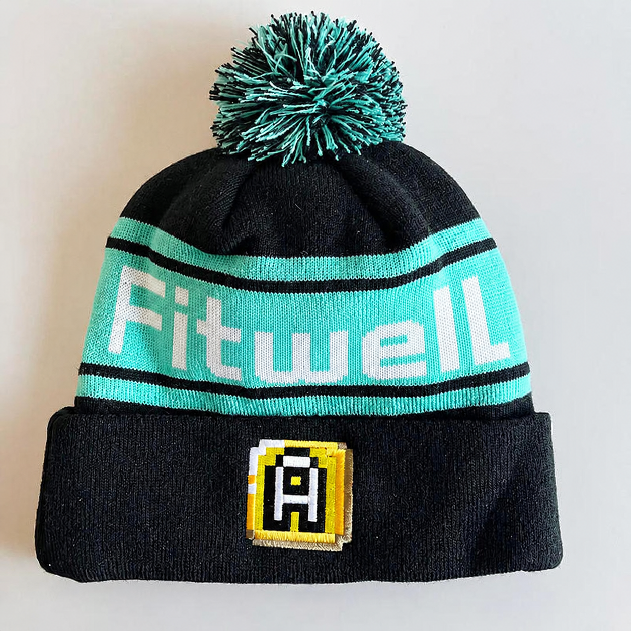 Black & Mint Jacquard Pom Pom Beanie with Letter Patch