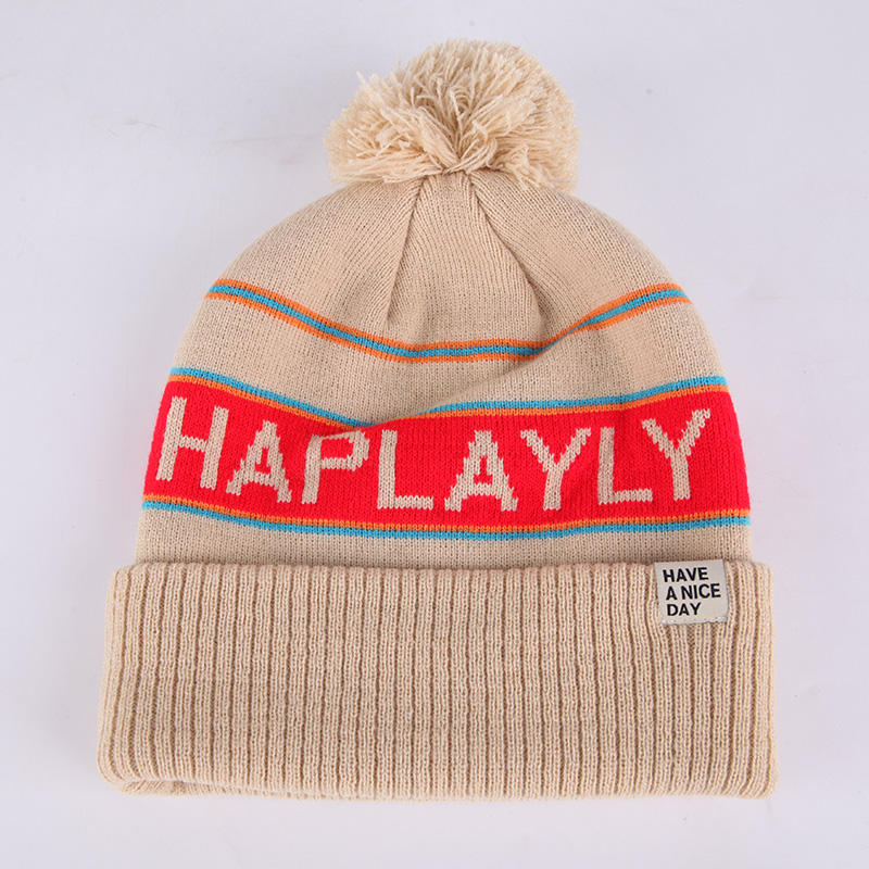 Striped Pom Pom Cuffed Jacquard Knit Beanie Hat