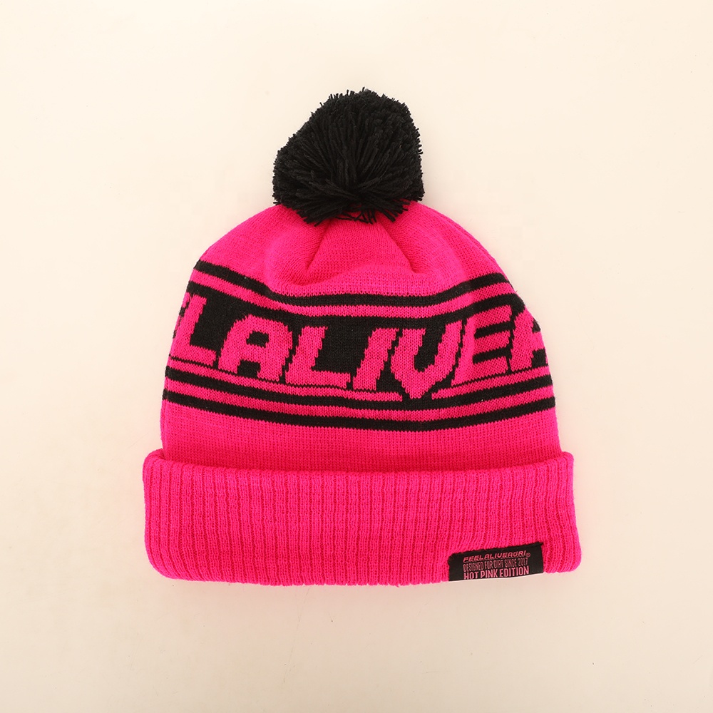 Winter Pom Pom Knitted Beanie Hat with Bold Letter Jacquard Cuffed Design
