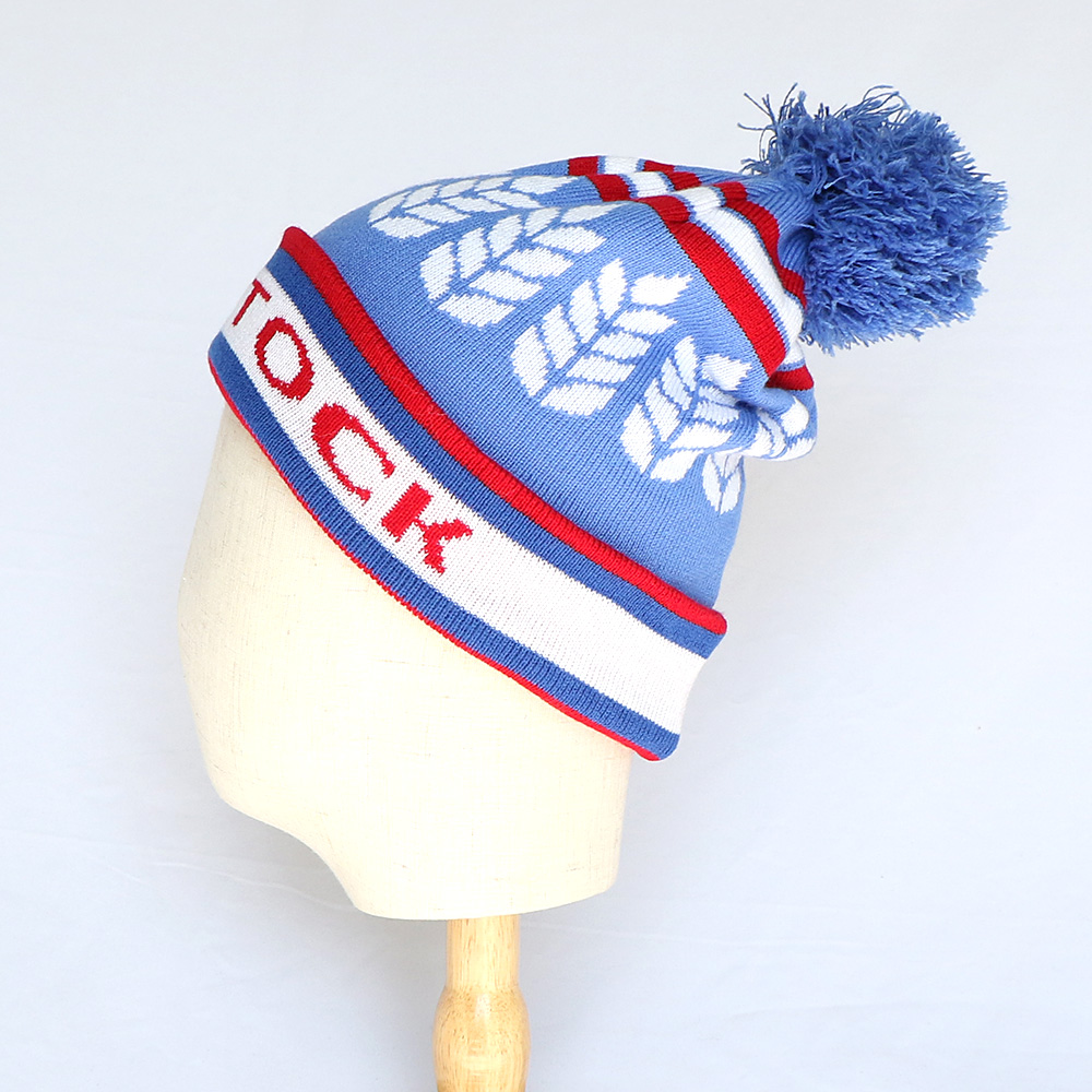 Blue Wheat Pattern Jacquard Pom-Pom Cuffed Beanie
