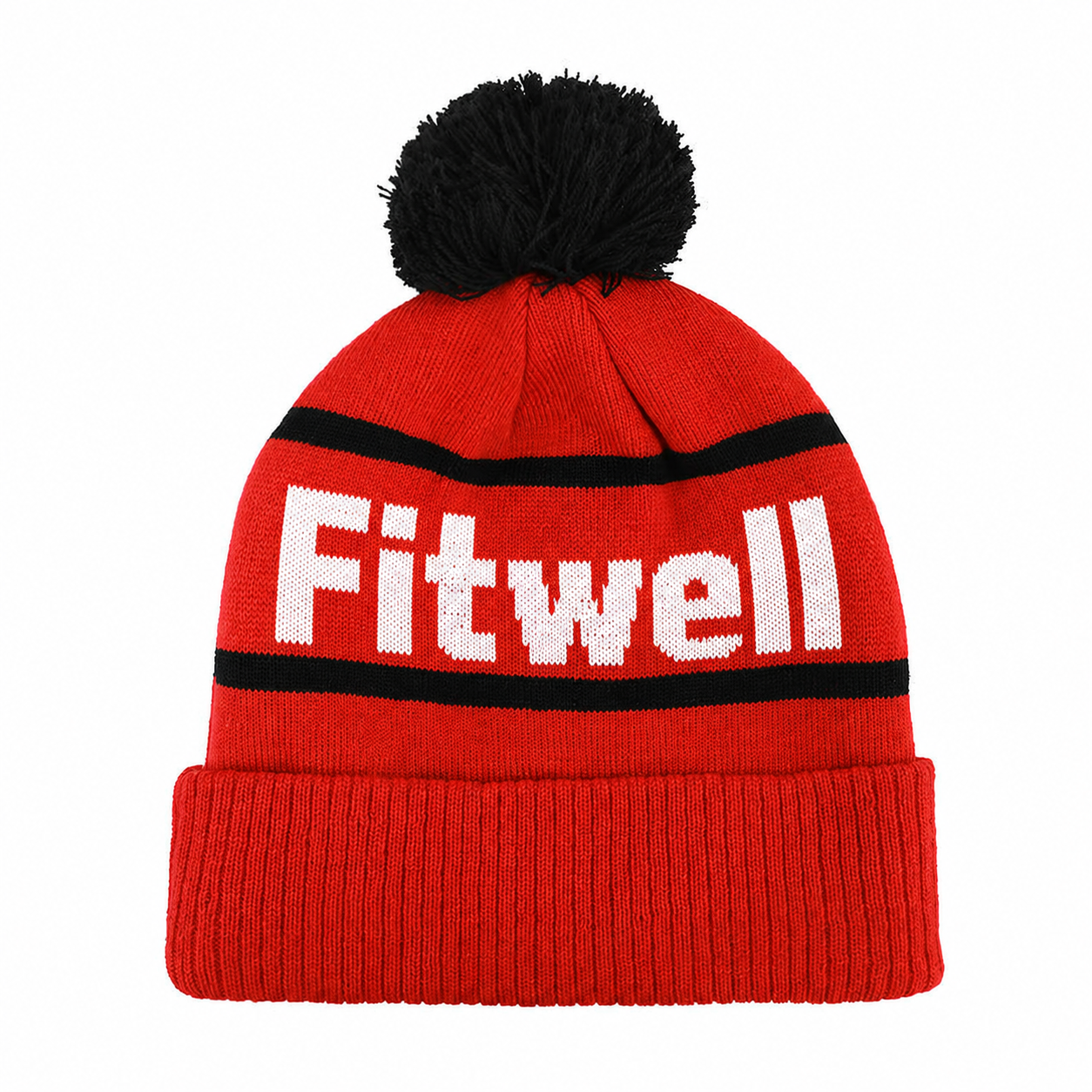 Red TRINI Jacquard Pom Pom Knitted Beanie Hat