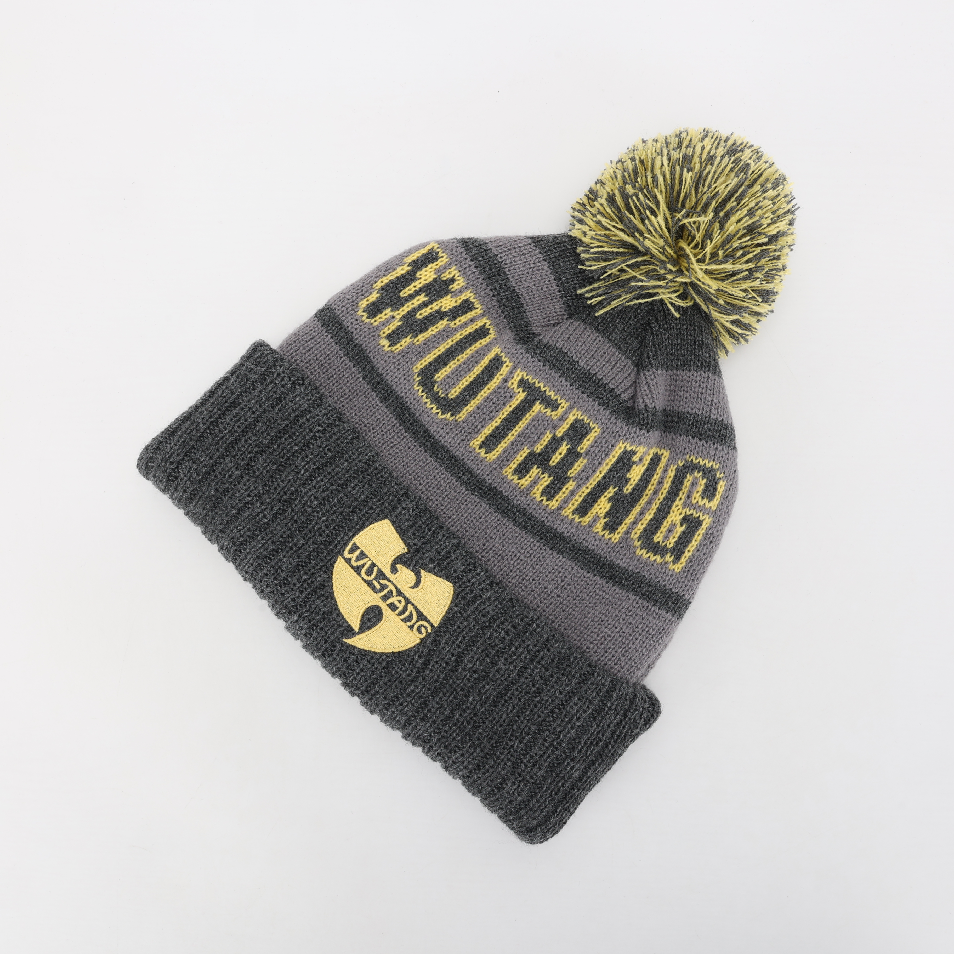 Gray Yellow Jacquard Pom Pom Cuffed Knit Beanie Hat