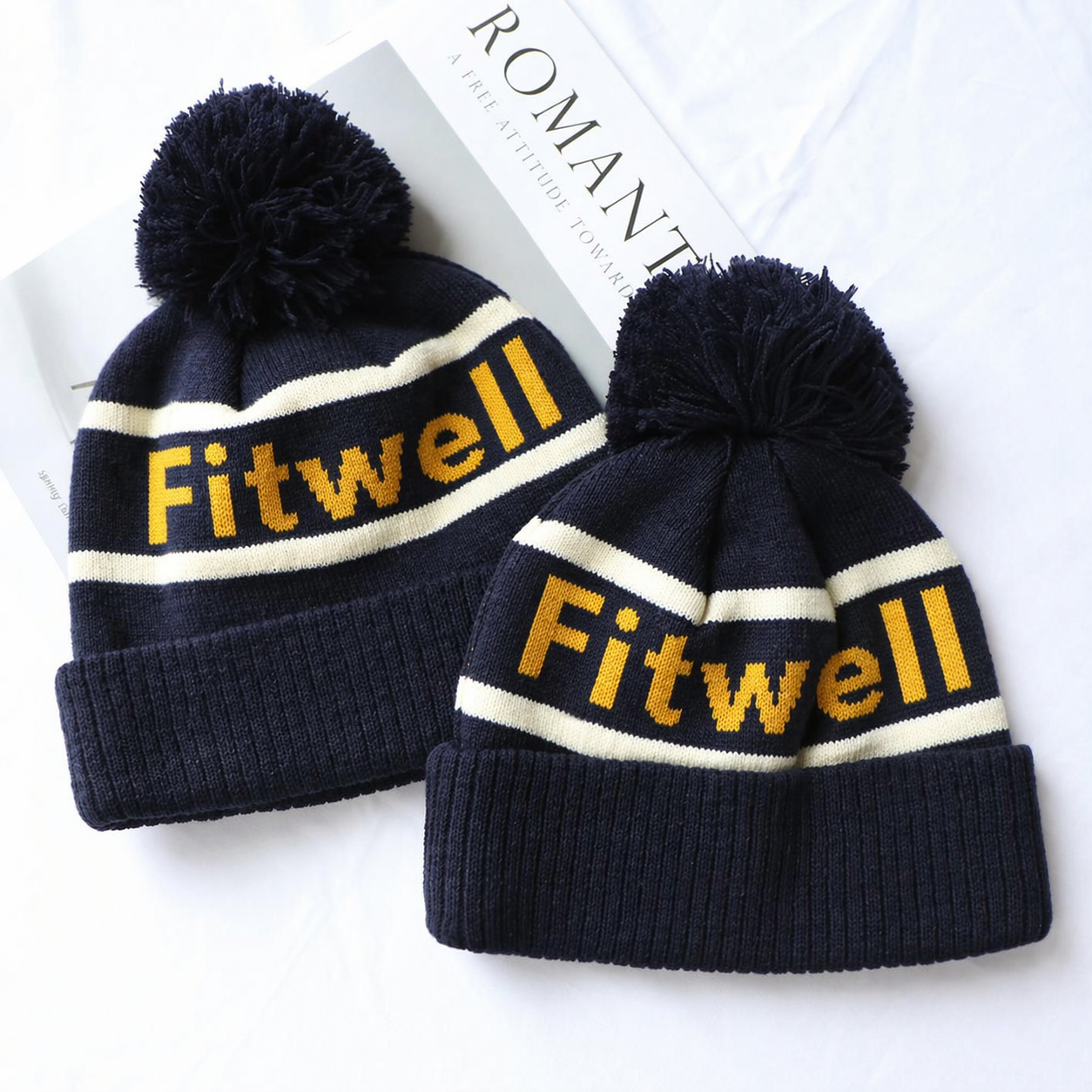 Classic Letter Jacquard Pom Pom Knit Beanie Hat Winter Cuffed Cap