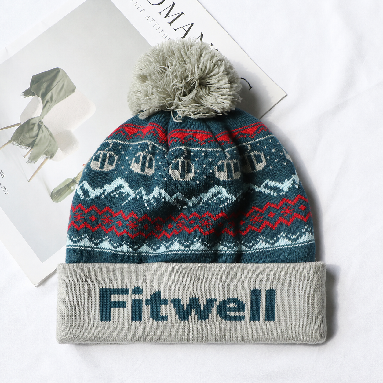 WHITEFACE Jacquard Pom Pom Knitted Beanie Hat