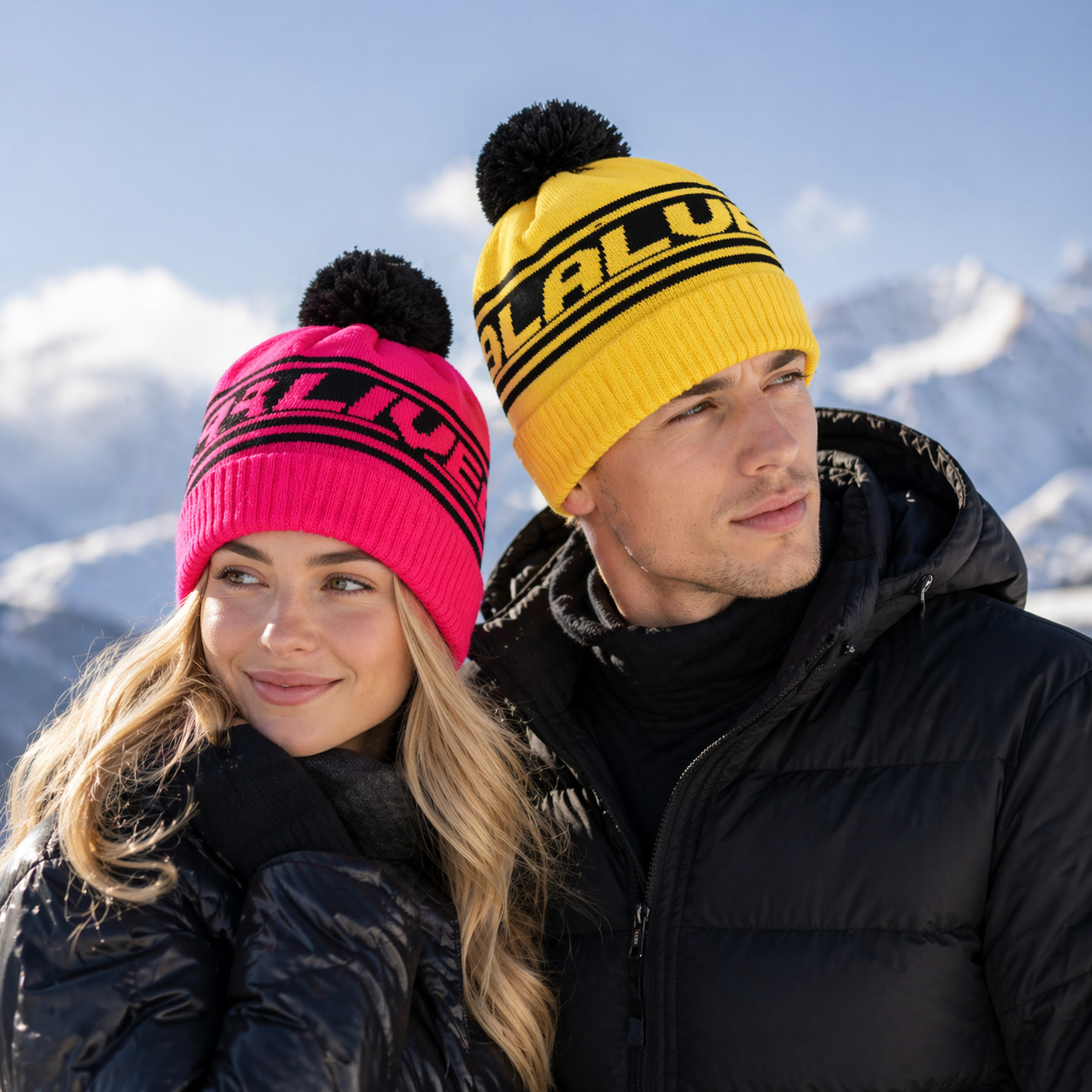 Winter Pom Pom Knitted Beanie Hat with Bold Letter Jacquard Cuffed Design