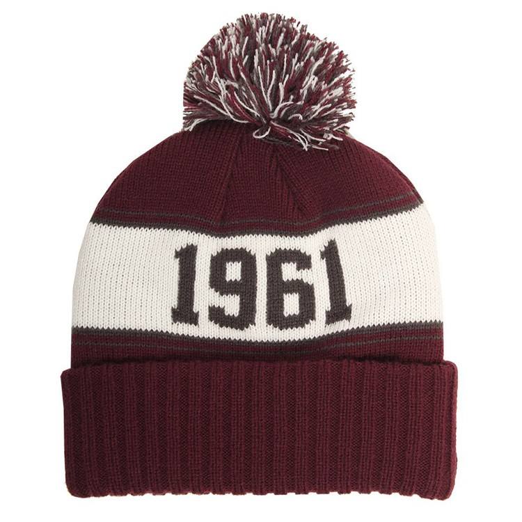 Two-Tone Pom Pom Cuffed Jacquard Knit Beanie Hat