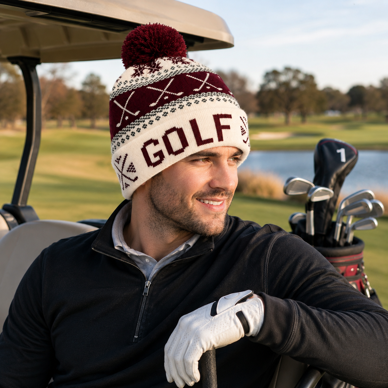 Burgundy Cream Golf Club Jacquard Pom Pom Cuffed Beanie
