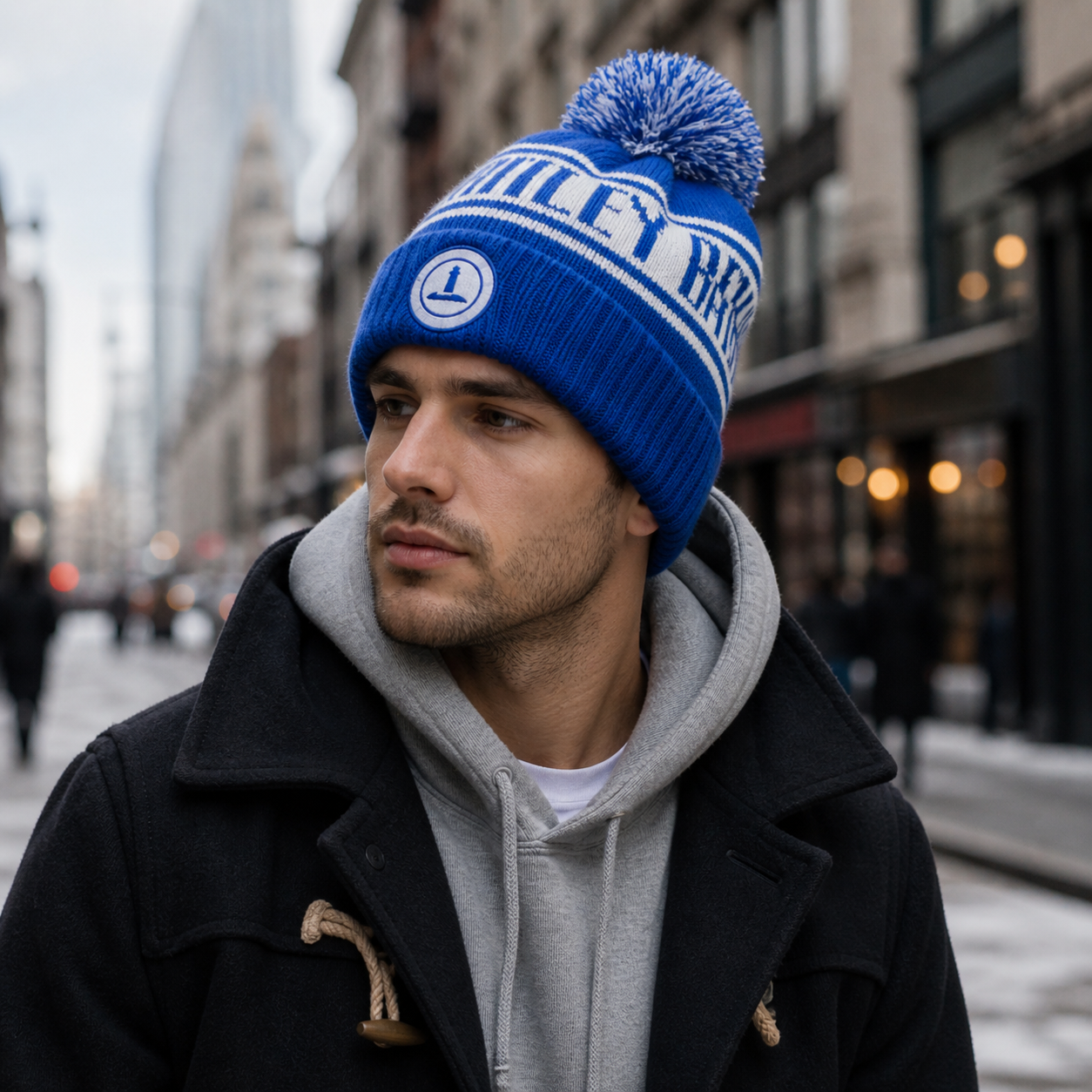 White Bay Sporting Club Blue Cuffed Pom Pom Jacquard Knit Beanie Hat